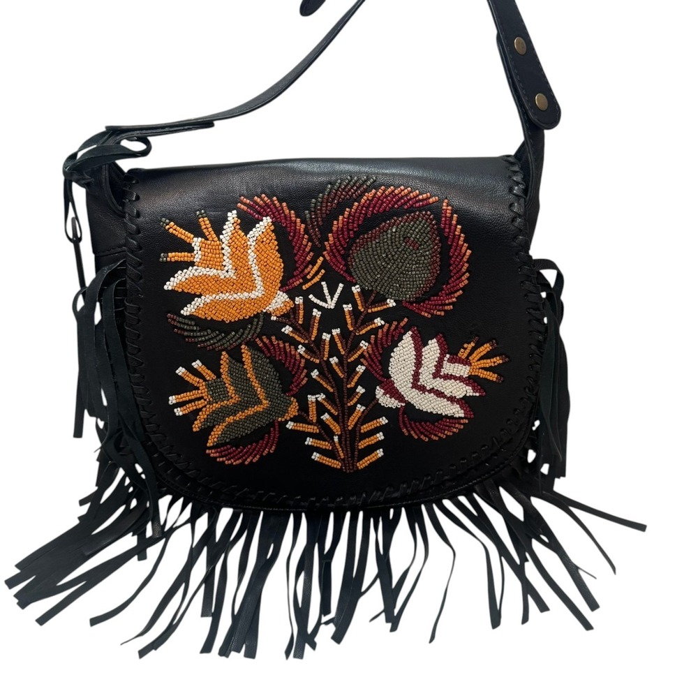 Shyanne Genuine Leather Beaded Fringe Crossbody Bag Floral Western Boho Black